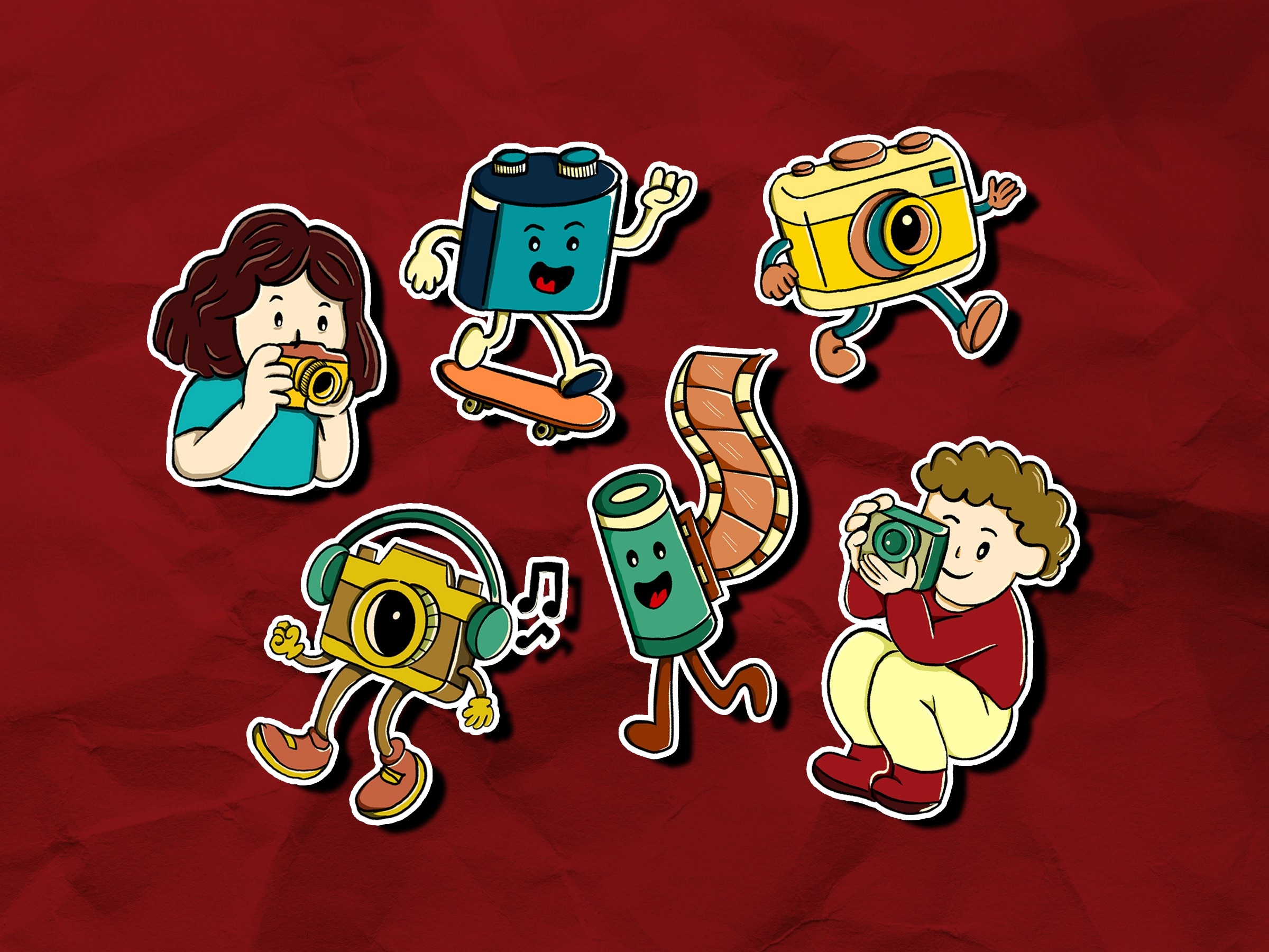 Six colourful Digicam stickers featuring cameras, a film roll and people taking photographs on a red background.