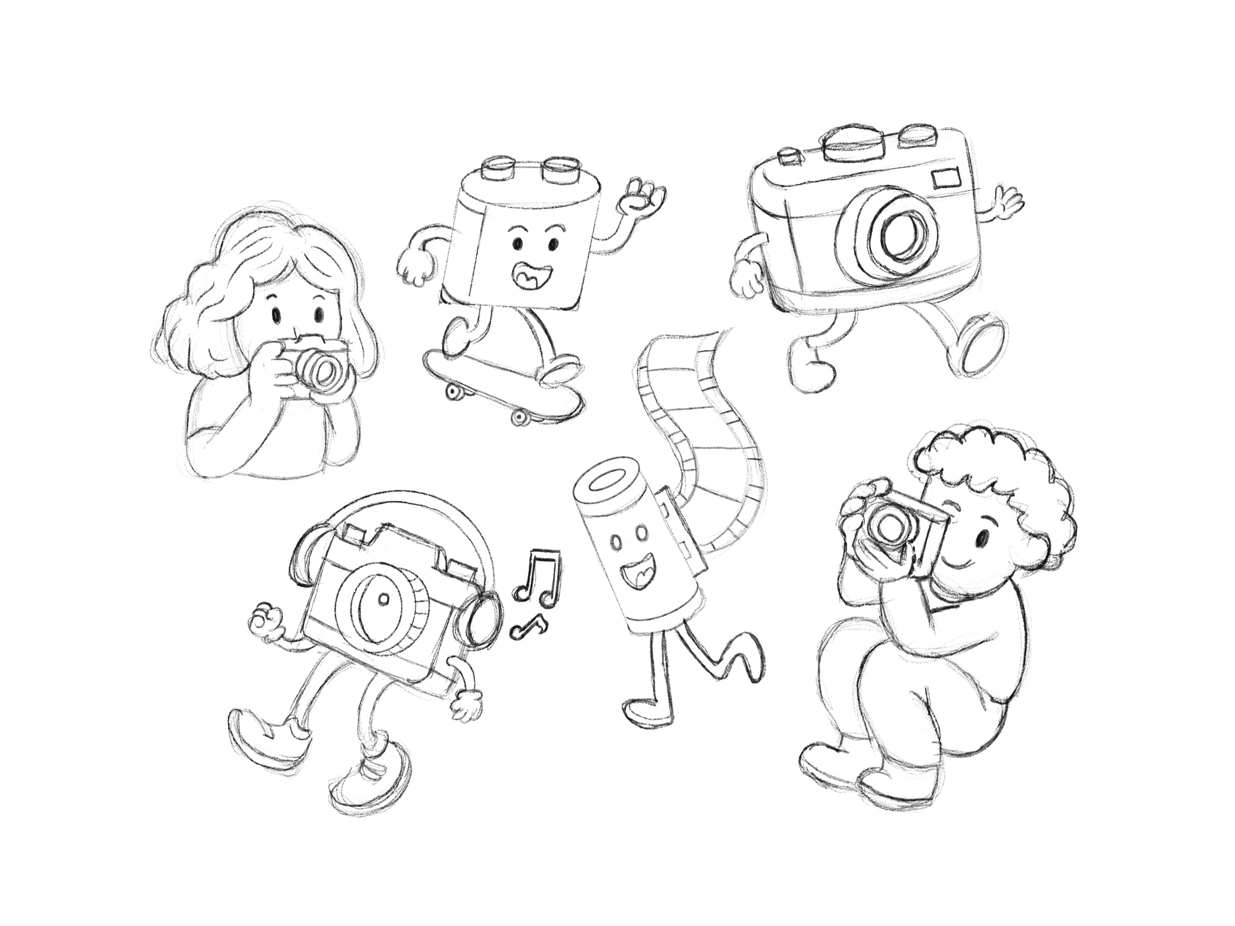 Line sketches for the six Digicam characters: photographers, cameras and a smiling film roll.
