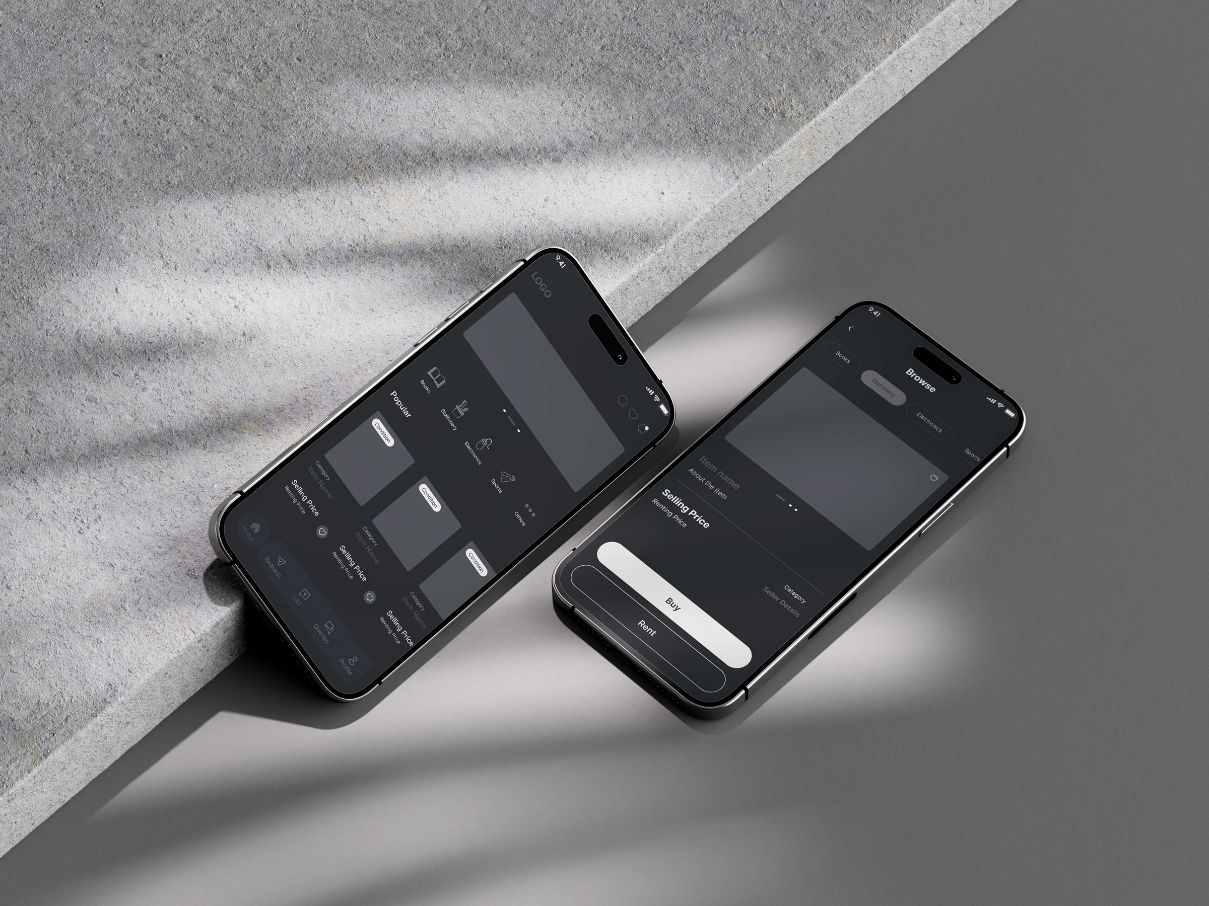 Two phones showing LinQ interfaces on a sunlit concrete surface.