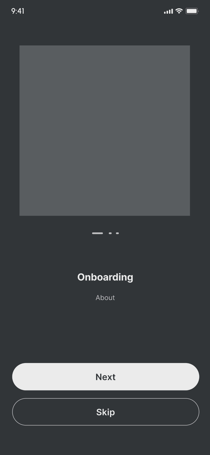 Low-fidelity onboarding: Introduction with next and skip options.