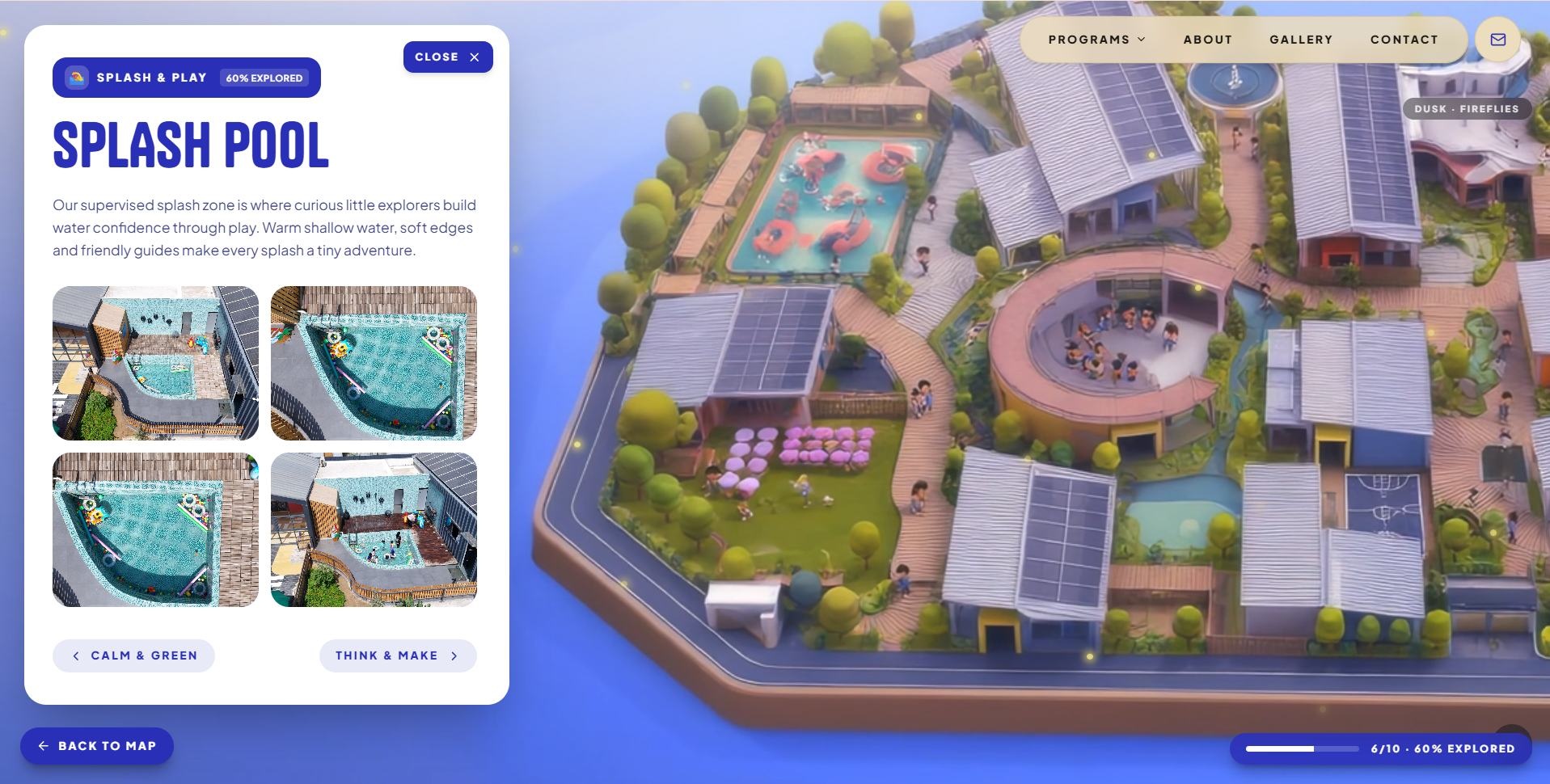 Splash Pool location panel opened from the campus map.