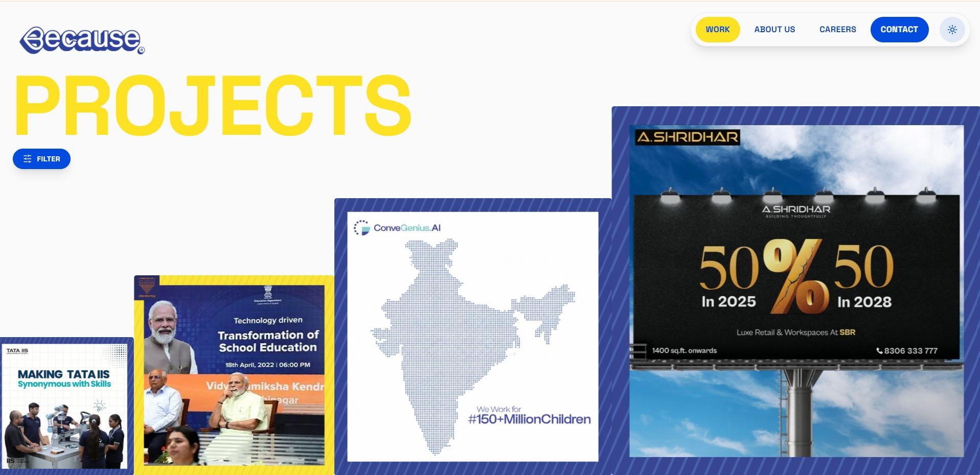 Refined Because project-page layout with layered project previews and filters.