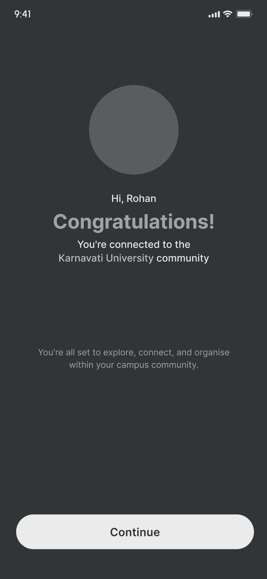 Low-fidelity onboarding: Profile complete and campus community joined.