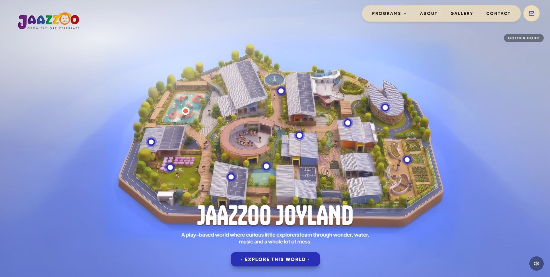 Jaazzoo Joyland website showing the illustrated school campus as an interactive island.