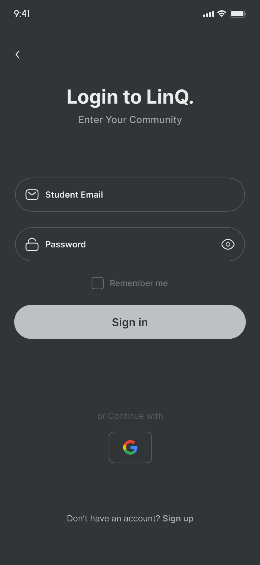 Low-fidelity onboarding: Login to LinQ.