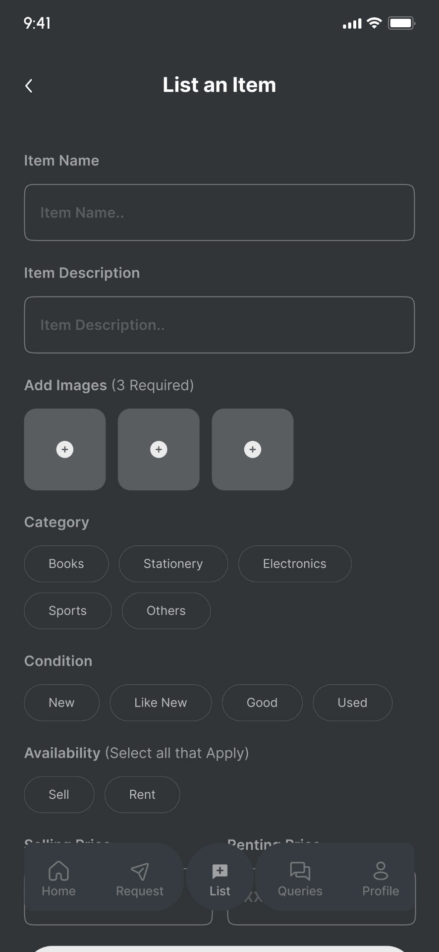 Low-fidelity selling: List an item.