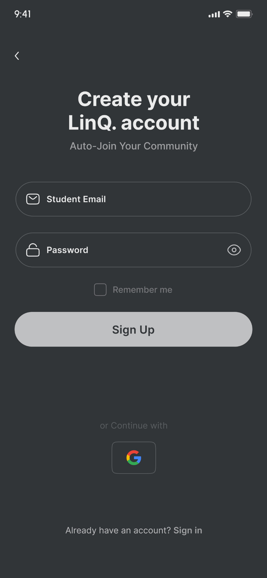 Low-fidelity onboarding: Create your LinQ account.
