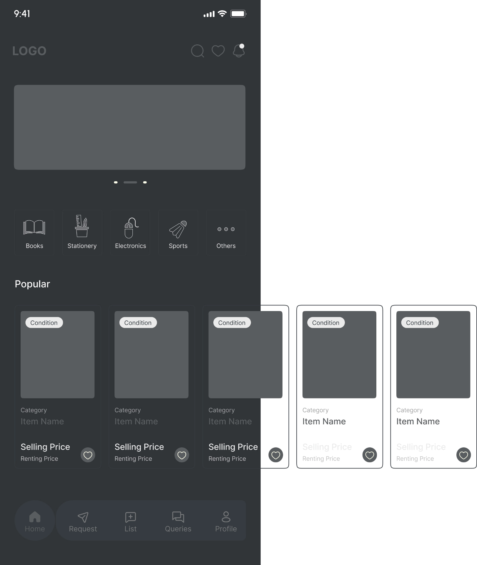 Low-fidelity LinQ home screen with expanded popular-item carousel.