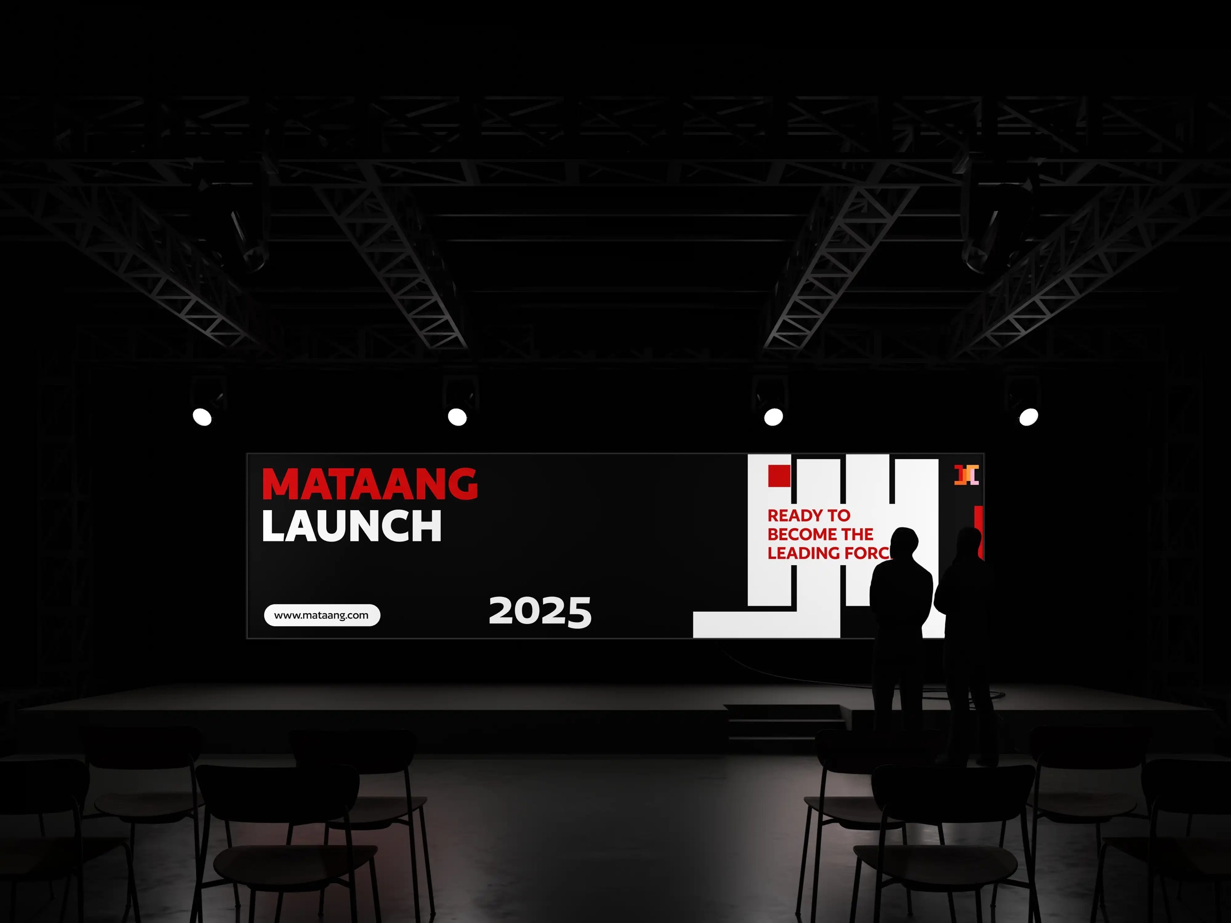 Mataang launch presentation on a stage screen with red, white and black brand graphics.