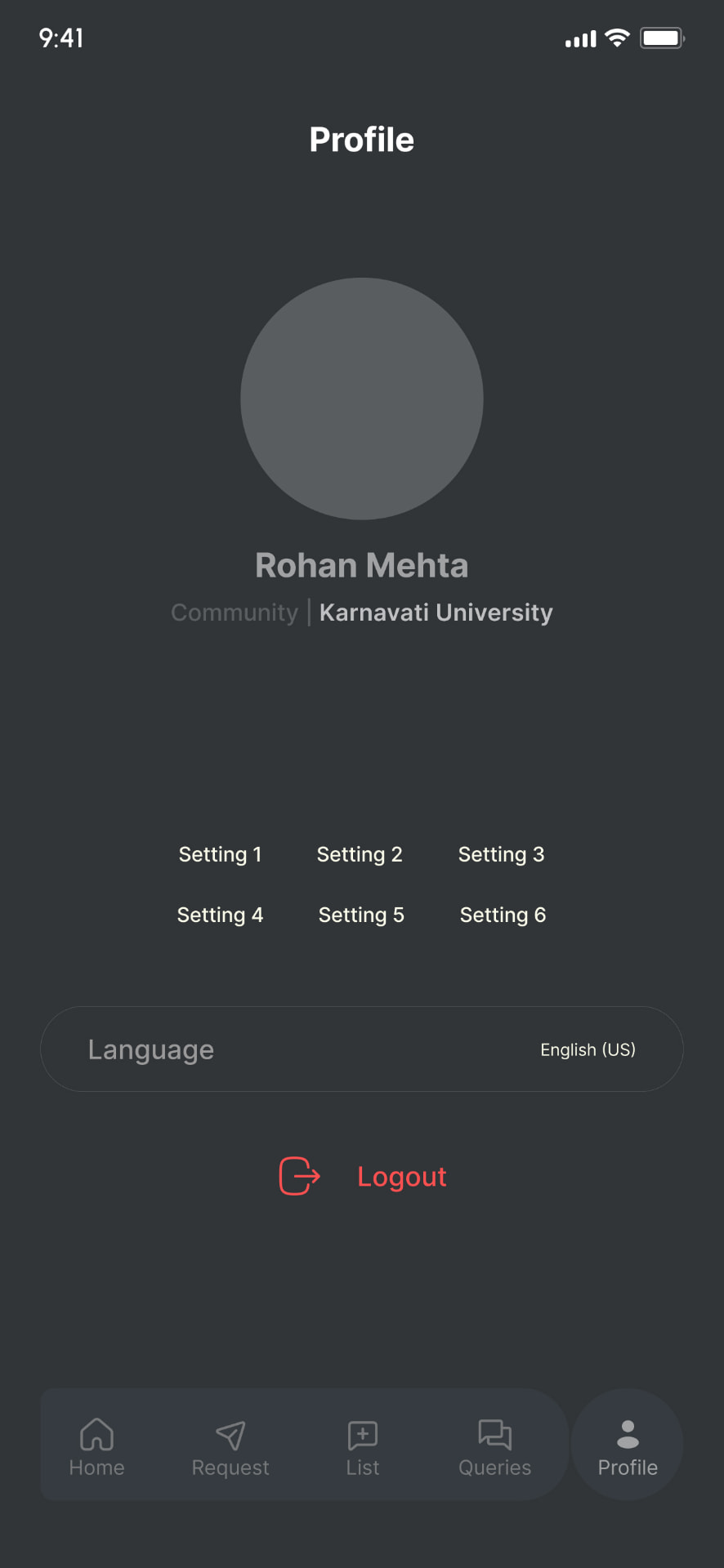 Low-fidelity account: Profile and settings.