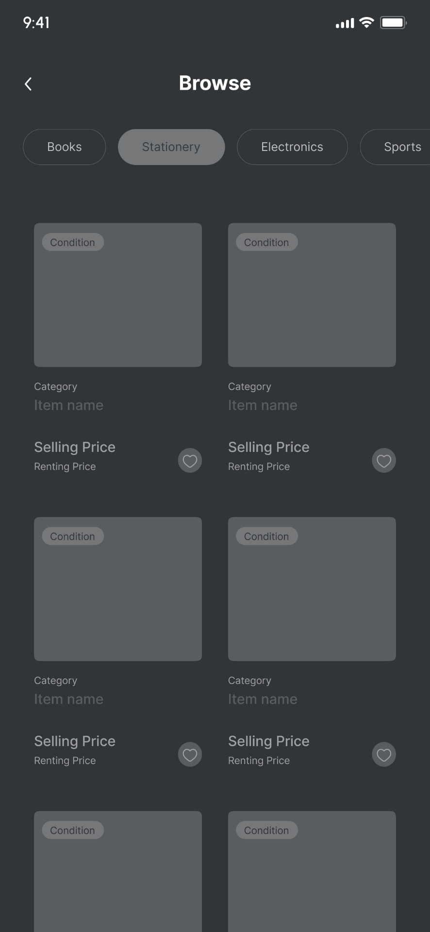 Low-fidelity browsing: Item listings.
