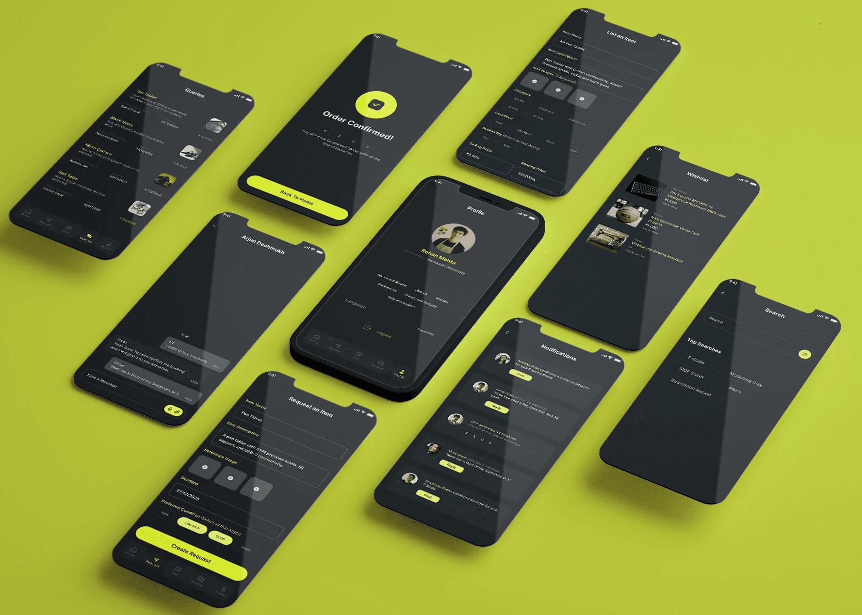 Finished LinQ app screens presented as floating phones on a yellow-green background.