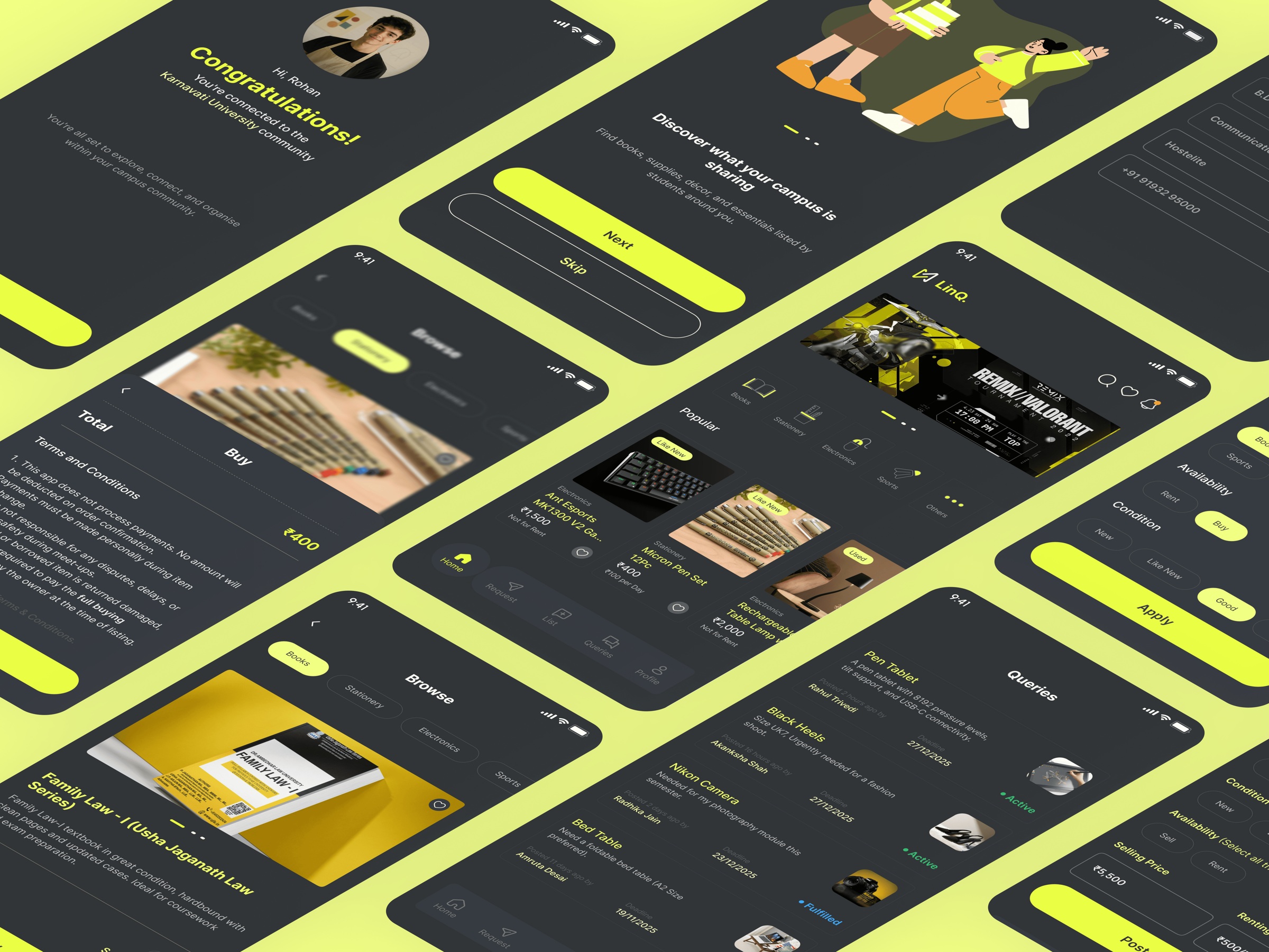 Finished LinQ interface screens arranged on a bright yellow-green background.