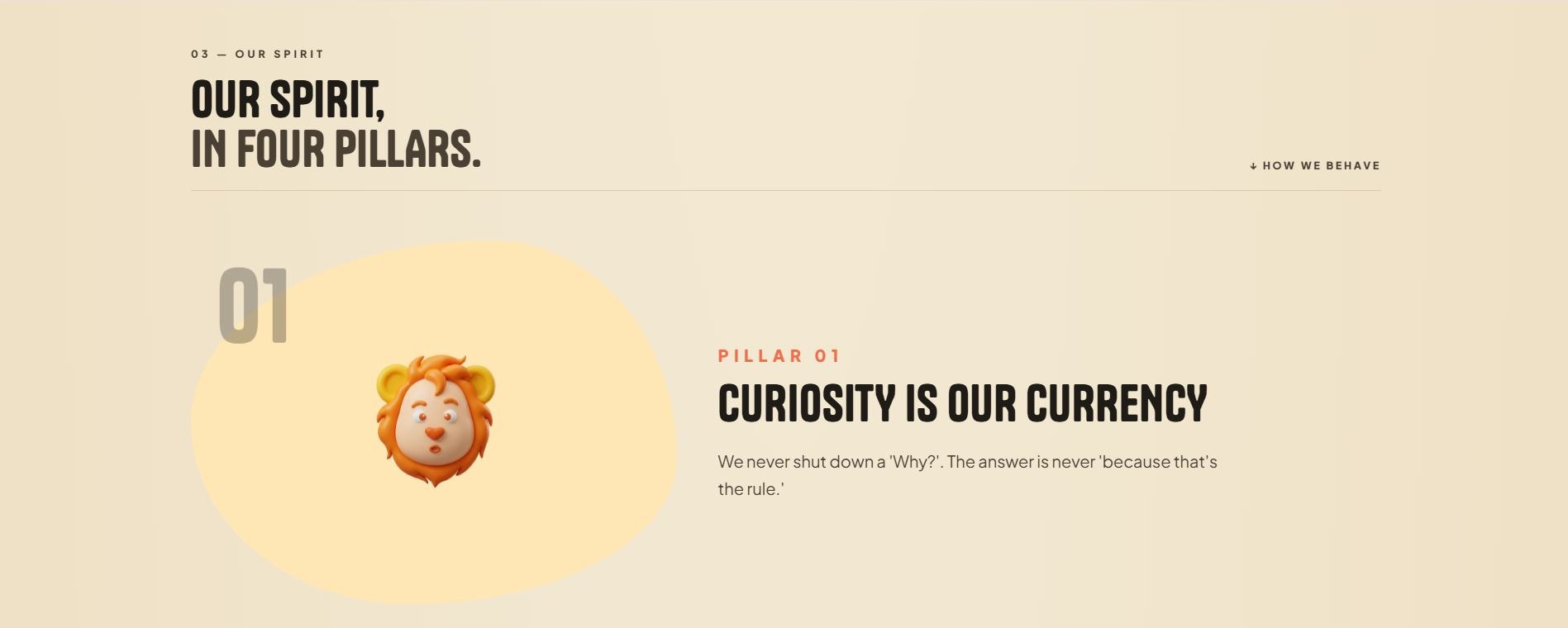 Jaazzoo values section using custom lion imagery.