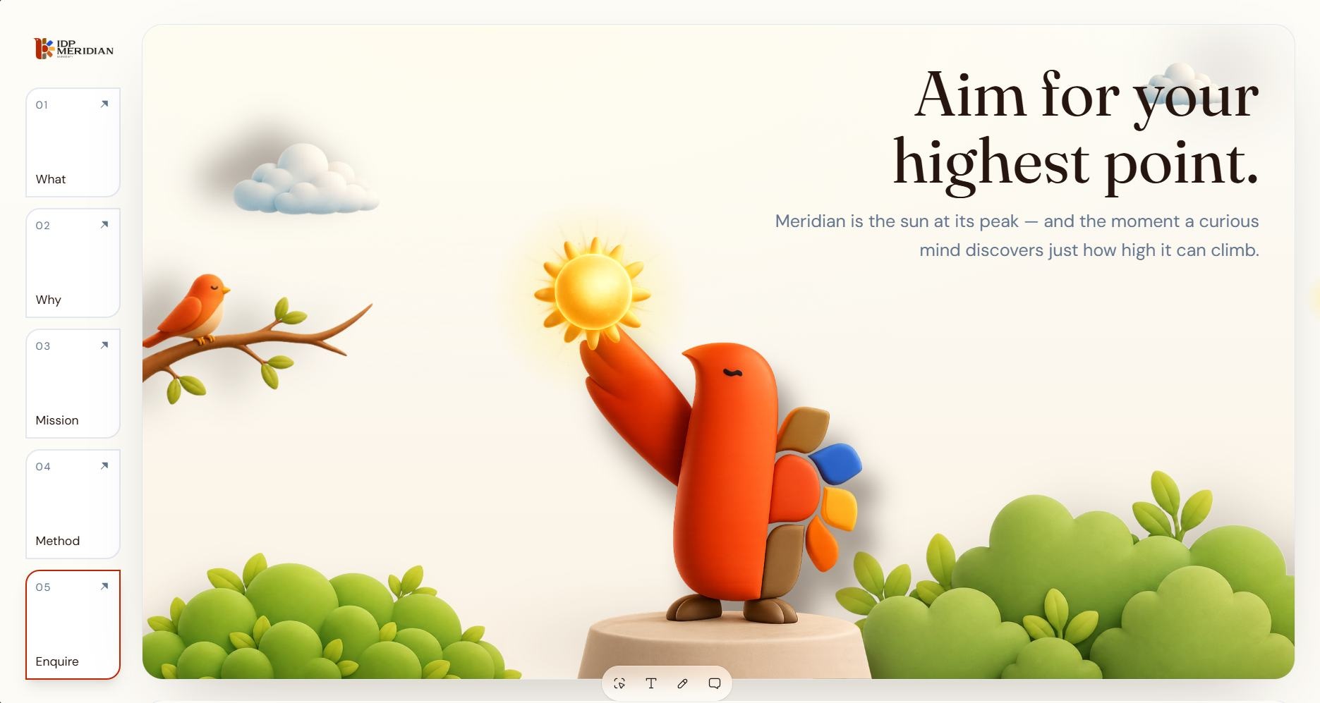 IDP Meridian concept with the bird holding the sun above a podium, surrounded by clouds and greenery.