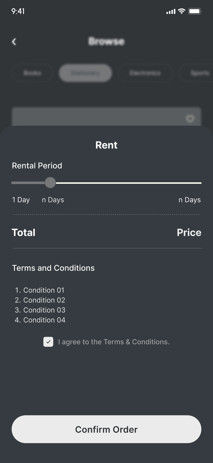 Low-fidelity rental: Rental period and confirmation.