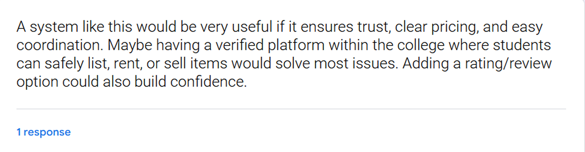 Survey suggestion about trust, clear pricing, campus verification, coordination, and reviews.