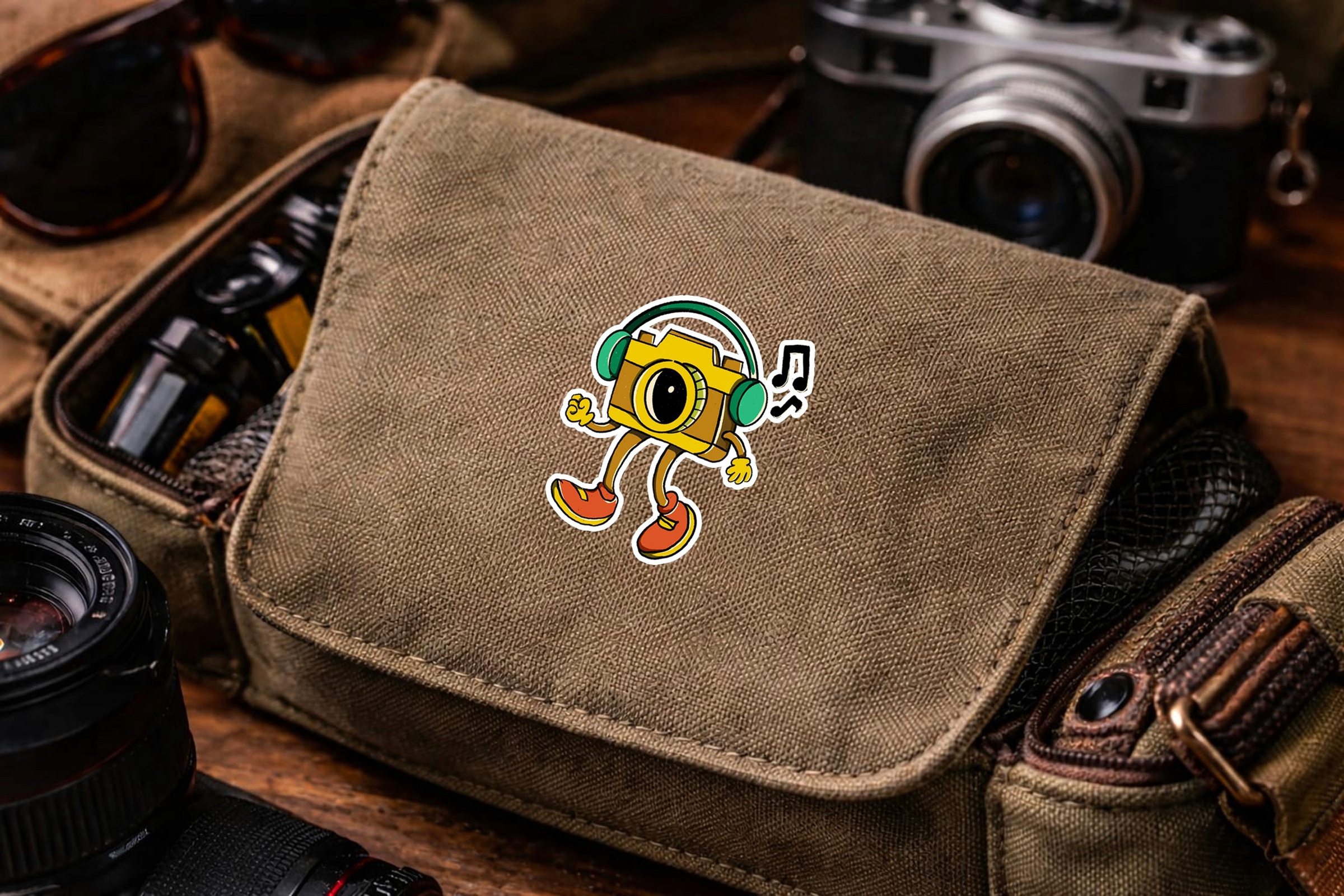 Dancing camera sticker on a canvas photography bag surrounded by camera equipment.