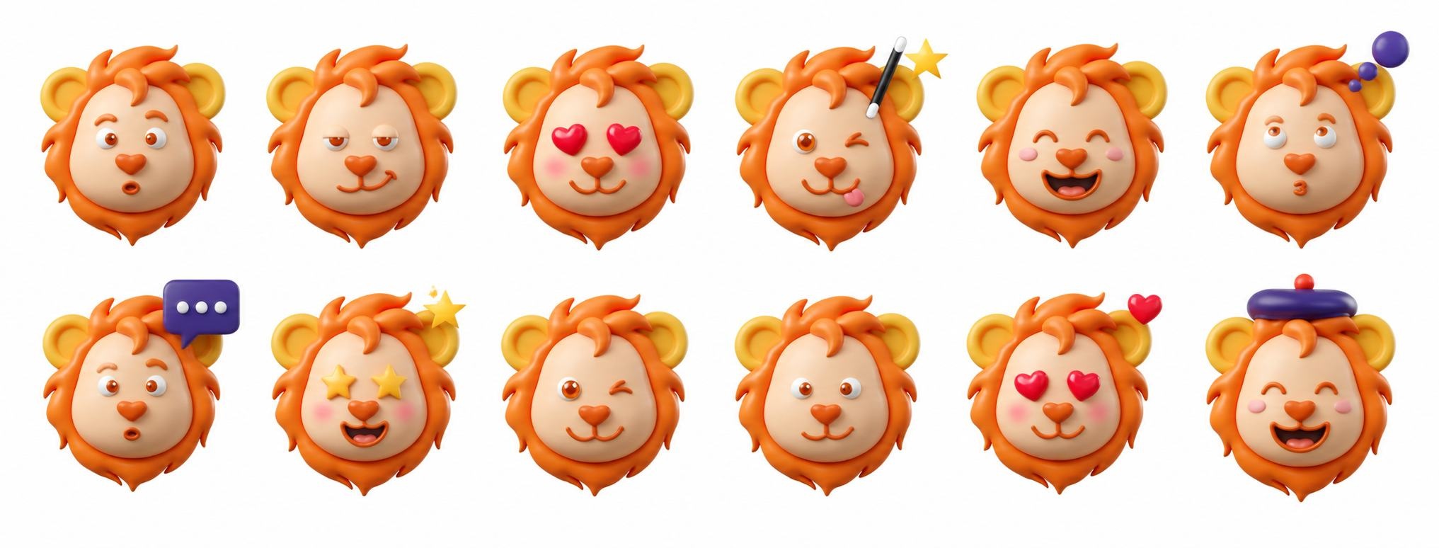 Twelve expressive lion emojis developed from the Jaazzoo identity.