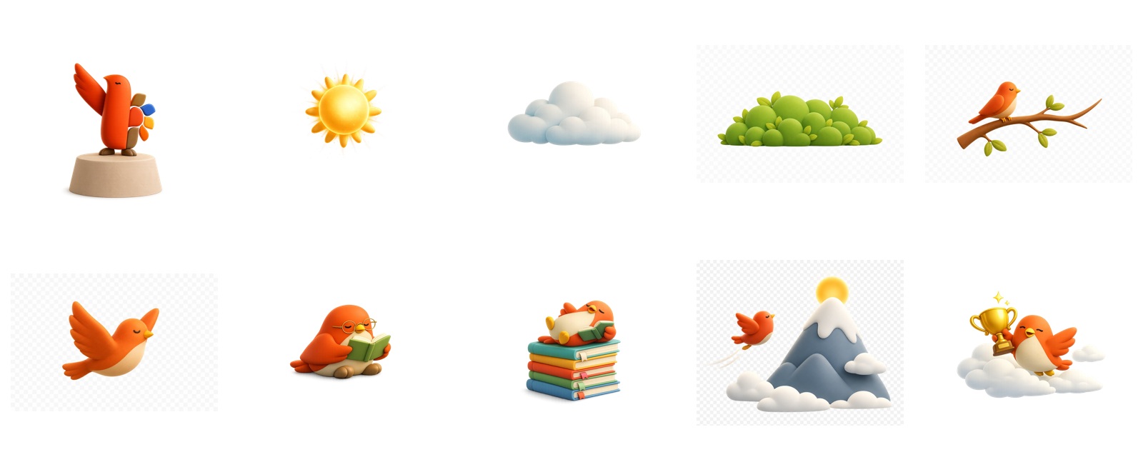 Meridian bird, sun, clouds and supporting character illustrations.
