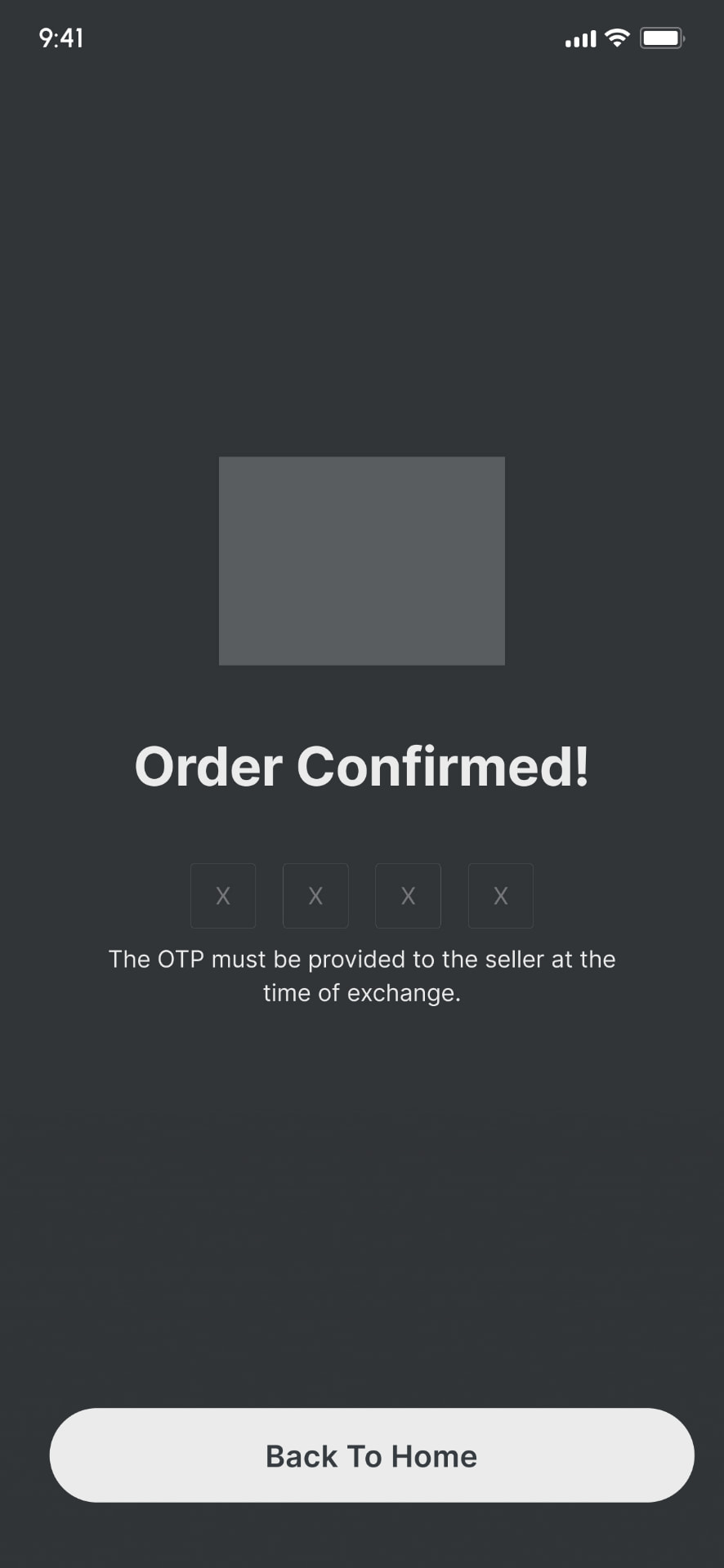 Low-fidelity purchase: Order confirmed with exchange OTP.