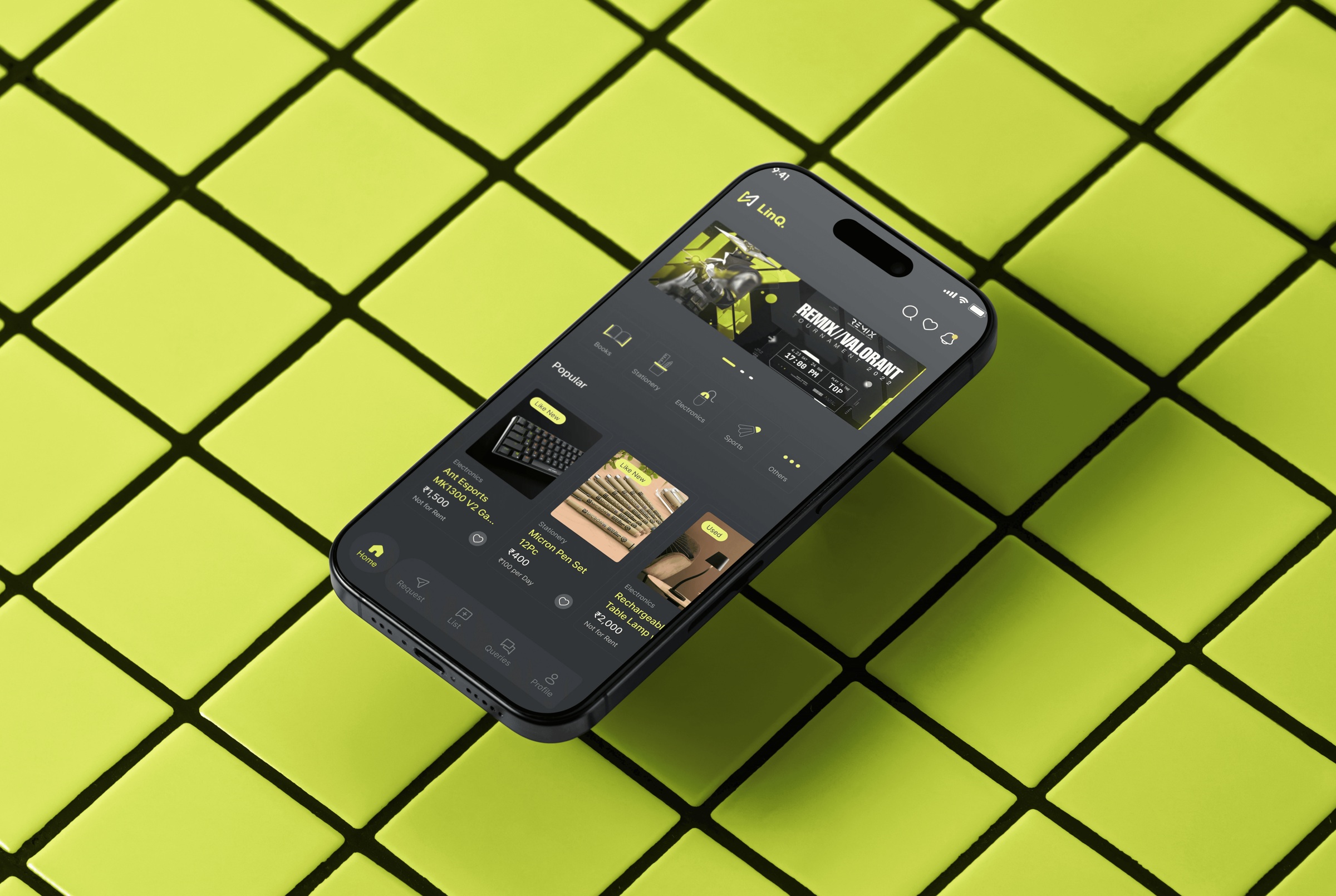 LinQ marketplace home screen on a phone over yellow-green tiles.