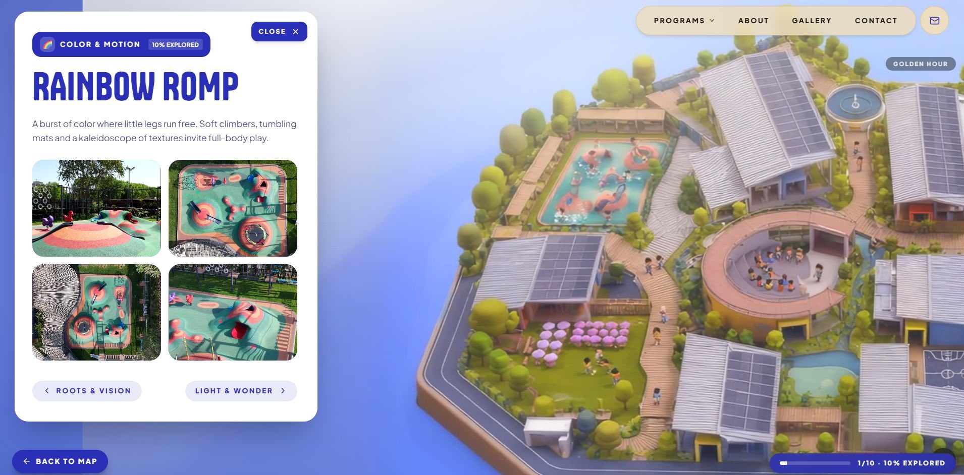 Rainbow Romp location panel opened alongside the campus island.