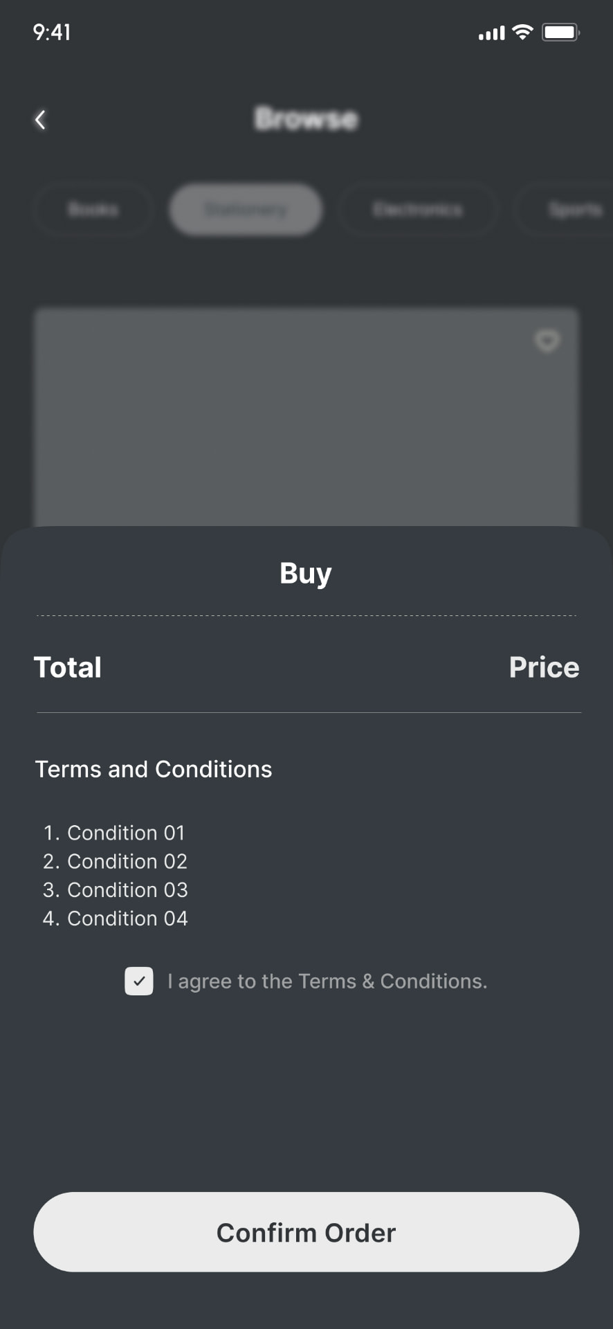 Low-fidelity purchase: Buy confirmation and terms.