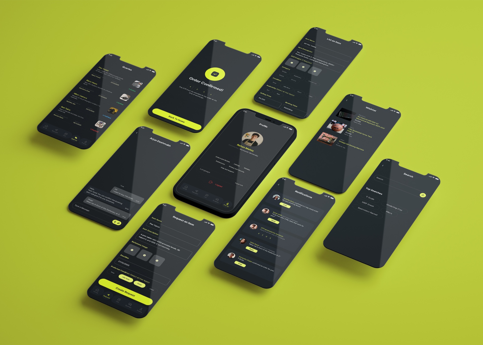 LinQ app screens shown as an isometric mockup: queries, order confirmed, list an item, wishlist, chat, profile, request an item, notifications and search.