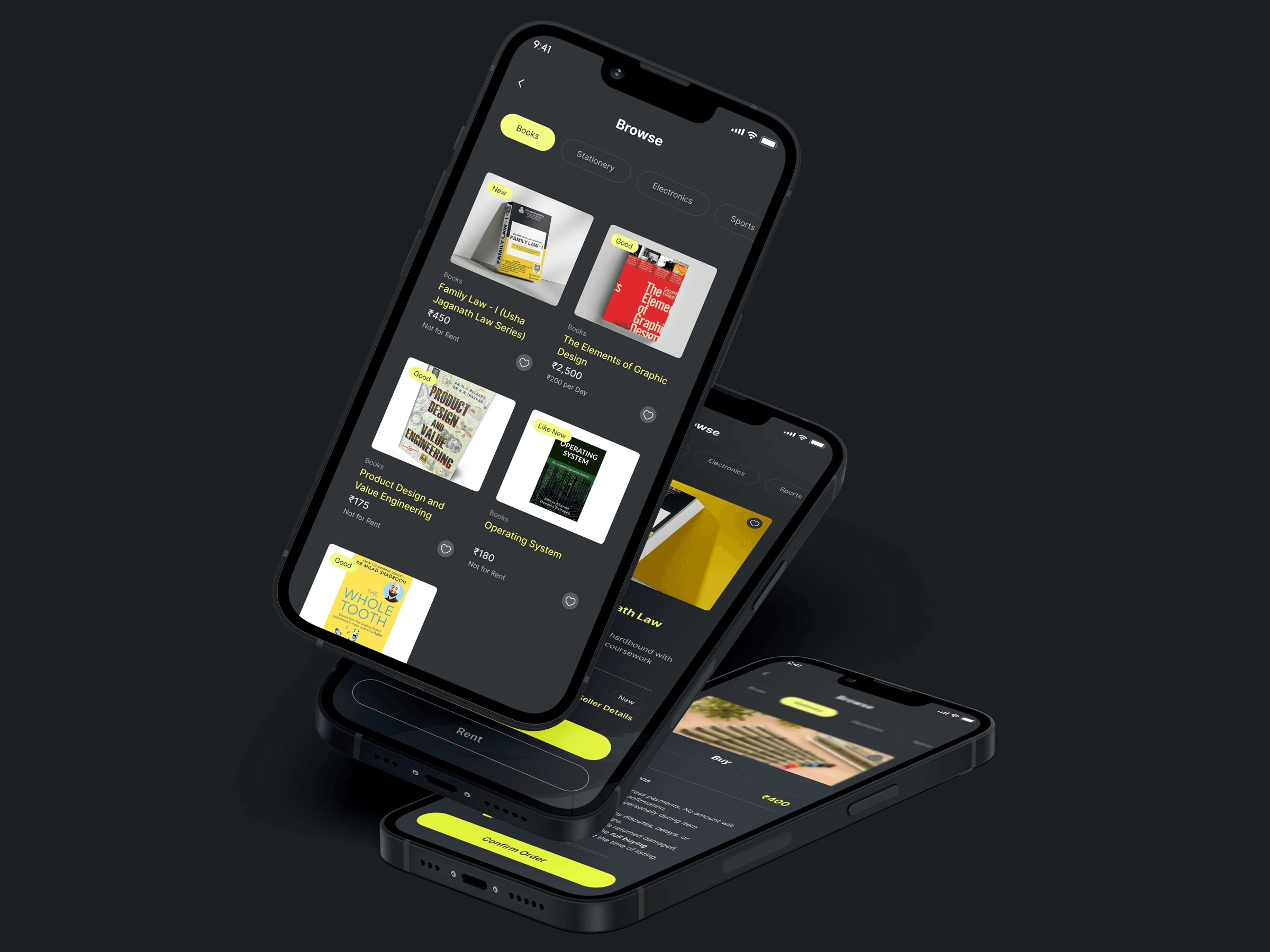 Stacked phone mockups showing LinQ listings and item details.