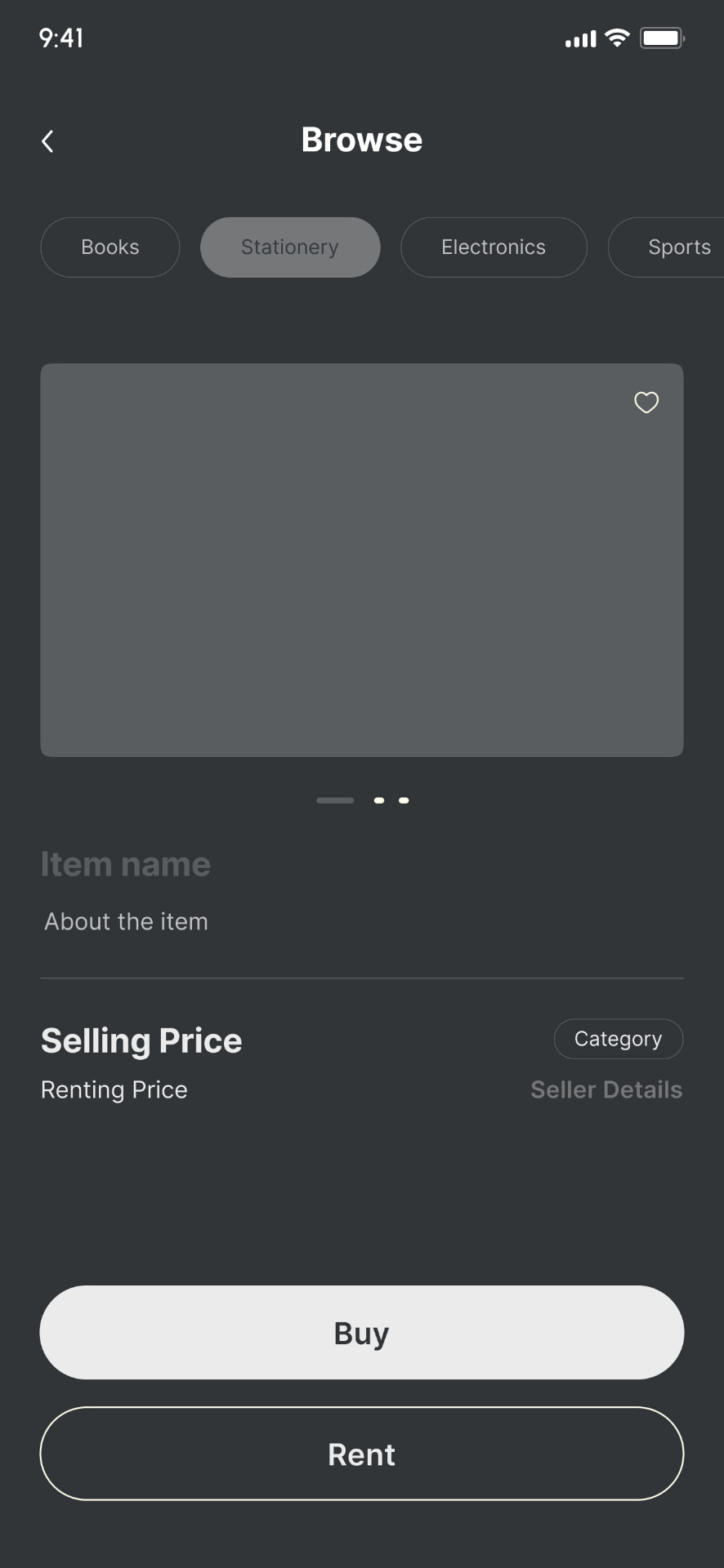 Low-fidelity browsing: Product details with buy and rent options.